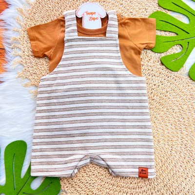 Conj. Camiseta e Jardineira em Linho Listrada - Caramelo